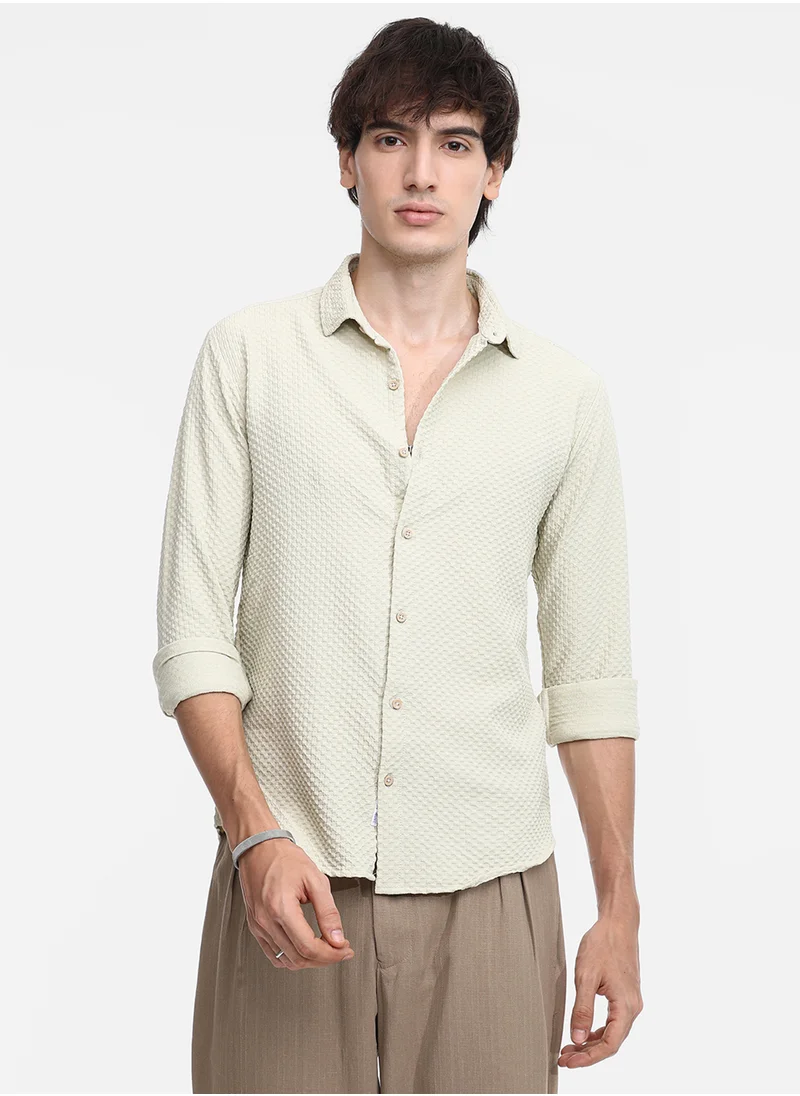 كامبوس سوترا Men's Butter Yellow Micro Cubic-Textured Shirt