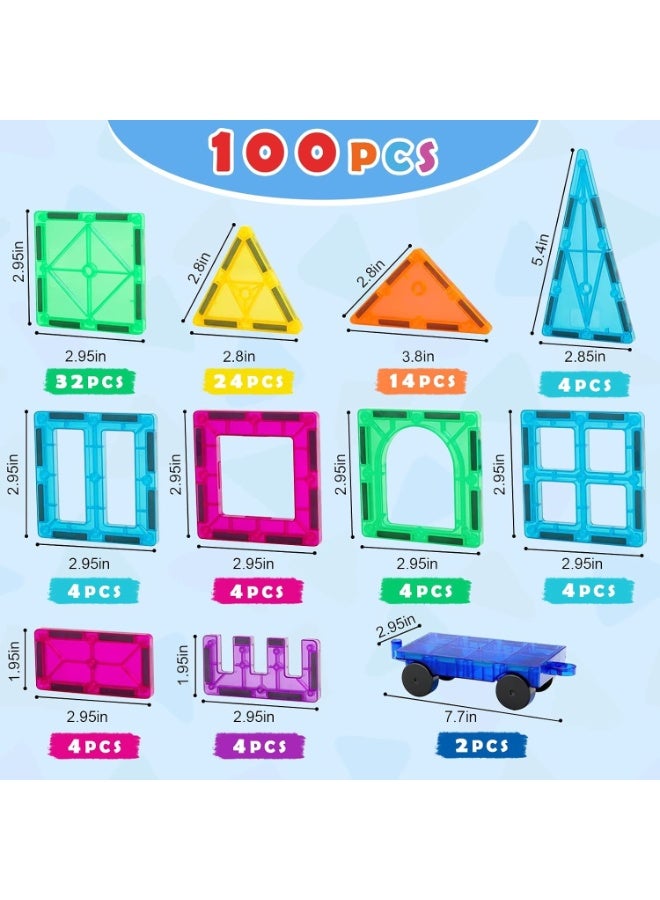 Gemmicc 100 PCS Magnetic Tiles with 2 Cars, STEM Approved Educational Magnet BuildingToys, Magnet Puzzles Stacking Blocks for Boys Girls - Image 2