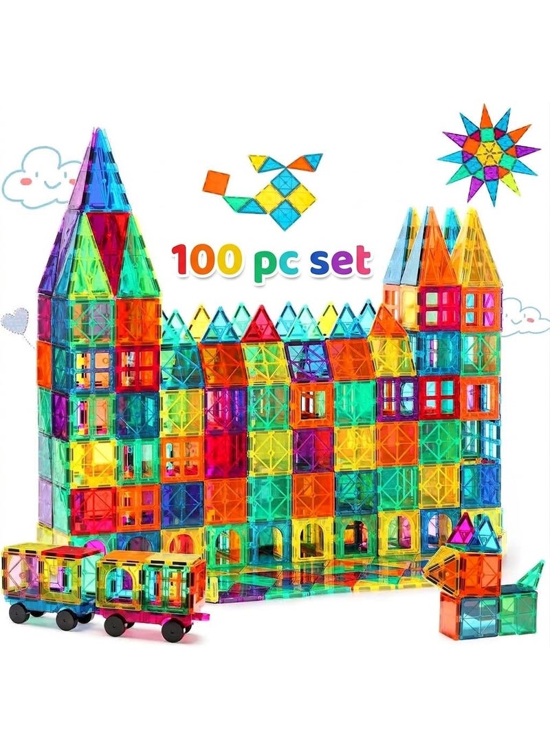 Gemmicc 100 PCS Magnetic Tiles with 2 Cars, STEM Approved Educational Magnet BuildingToys, Magnet Puzzles Stacking Blocks for Boys Girls - Image 1