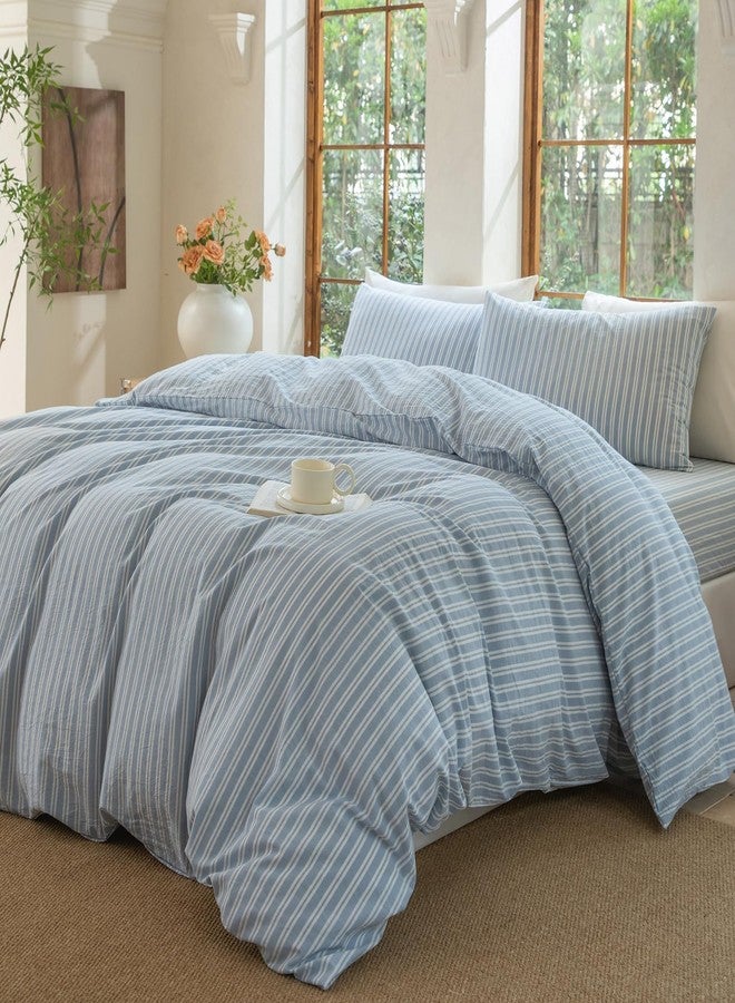 BESTDESIL Luxury 100% Washed Cotton Linen Like Duvet Cover Set,3 Pcs Striped Duvet Cover with Zipper Closure(Strip-Cornflower Blue/White,Full) - Image 3