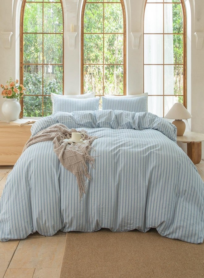 BESTDESIL Luxury 100% Washed Cotton Linen Like Duvet Cover Set,3 Pcs Striped Duvet Cover with Zipper Closure(Strip-Cornflower Blue/White,Full) - Image 2