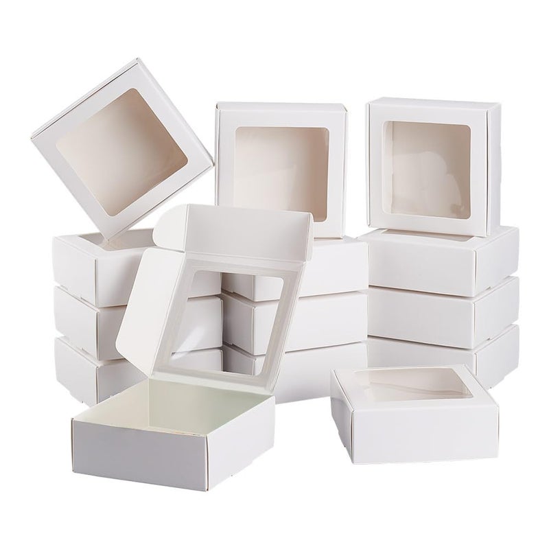 BENECREAT 20 Pack White Kraft Paper Boxes with Clear Window 3.6x3.6x1.4 Gift Packaging Boxes for Bakery Cookies Cake Candy Wedding Party, Christmas Festival Gift Packaging - Image 1