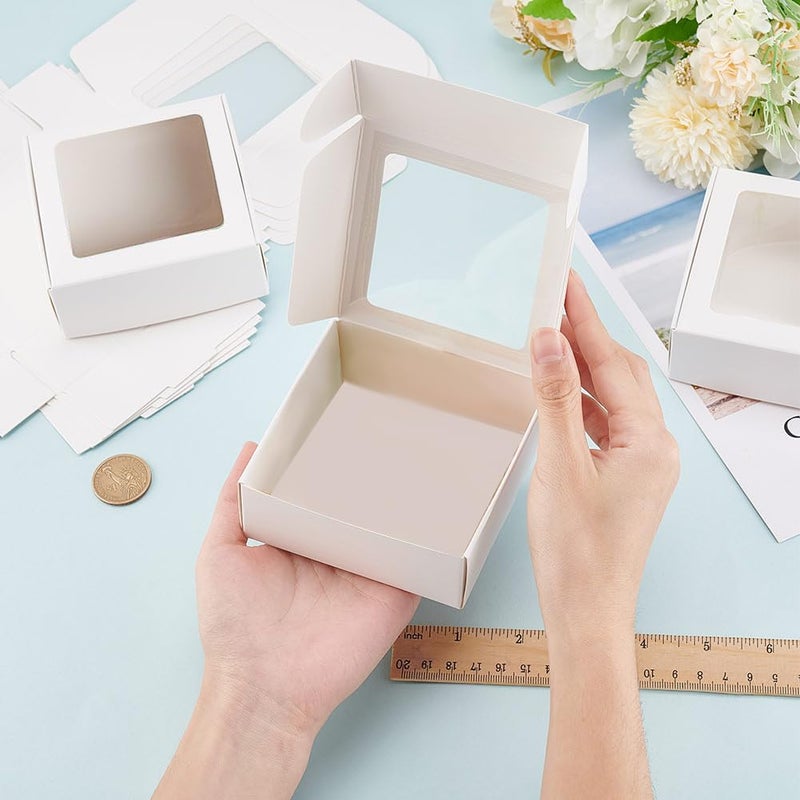 BENECREAT 20 Pack White Kraft Paper Boxes with Clear Window 3.6x3.6x1.4 Gift Packaging Boxes for Bakery Cookies Cake Candy Wedding Party, Christmas Festival Gift Packaging - Image 3