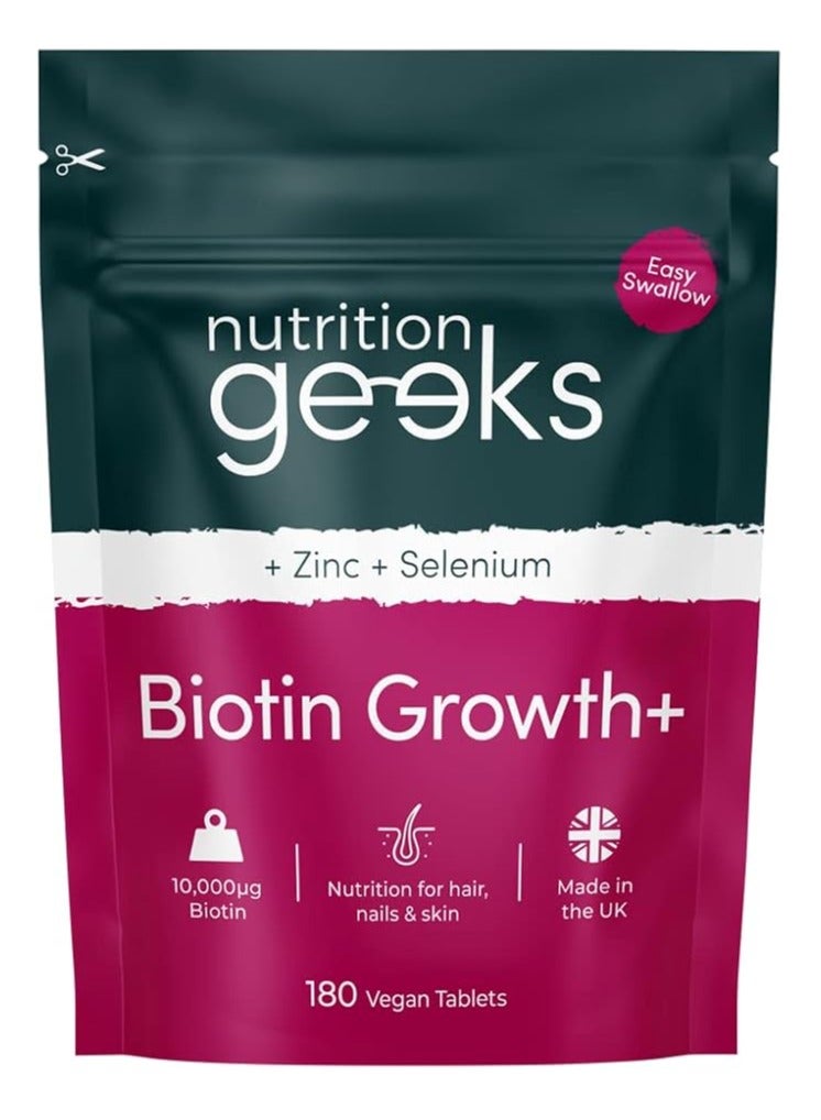 Nutrition Geeks Nutrition Geeks Biotin Hair Growth Supplement - 180 Tablets Enhanced with Zinc & Selenium, Hair Vitamins Complex - Biotin 10000 mcg - Vegan, Hair Skin and Nails Vitamins for Women & Men UK - Image 1