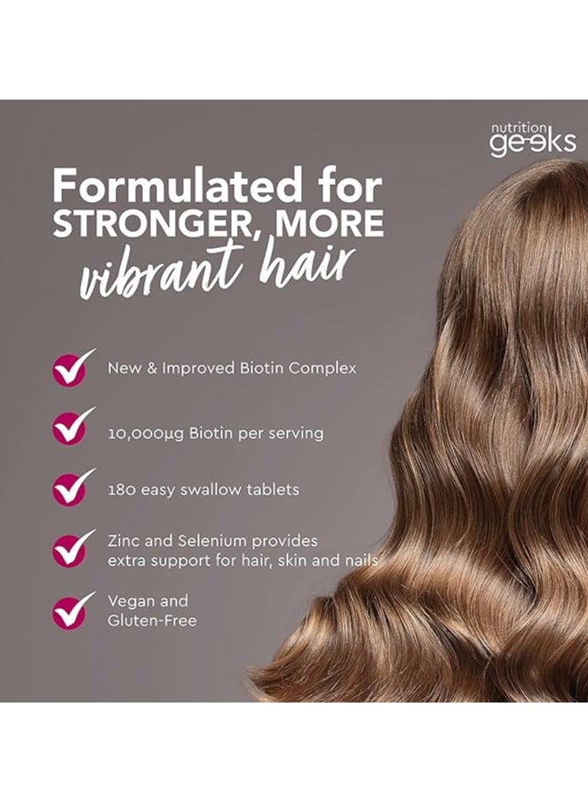 Nutrition Geeks Nutrition Geeks Biotin Hair Growth Supplement - 180 Tablets Enhanced with Zinc & Selenium, Hair Vitamins Complex - Biotin 10000 mcg - Vegan, Hair Skin and Nails Vitamins for Women & Men UK - Image 2