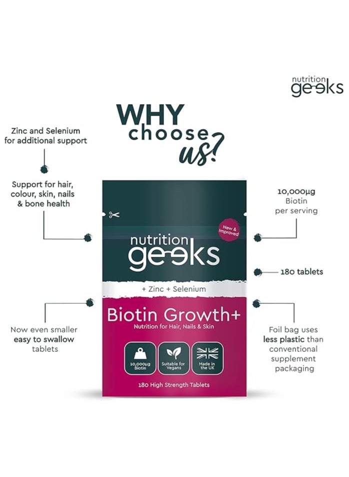 Nutrition Geeks Nutrition Geeks Biotin Hair Growth Supplement - 180 Tablets Enhanced with Zinc & Selenium, Hair Vitamins Complex - Biotin 10000 mcg - Vegan, Hair Skin and Nails Vitamins for Women & Men UK - Image 4