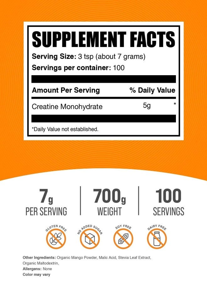 بالك سابلمنتس مسحوق كرياتين مونوهيدرات من BulkSupplements.com - مكمل غذائي بنكهة الكرياتين، دقيق - بنكهة مانجو تانجو، 7 غرام لكل حصة، 700 غرام (1.5 رطل) (عبوة واحدة) - Image 2