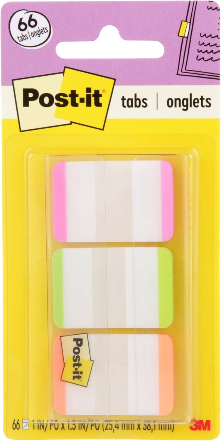 Post-it علامات بوست إت، 1 بوصة مخططة، ألوان متنوعة - وردي، أخضر، برتقالي، 66 علامة في حافظة محمولة - Image 1
