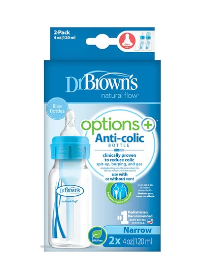 Dr. Brown’s 4 Oz/120 Ml Anti-Colic Pp Narrow Options+ Bottle - Blue, 2-Pack