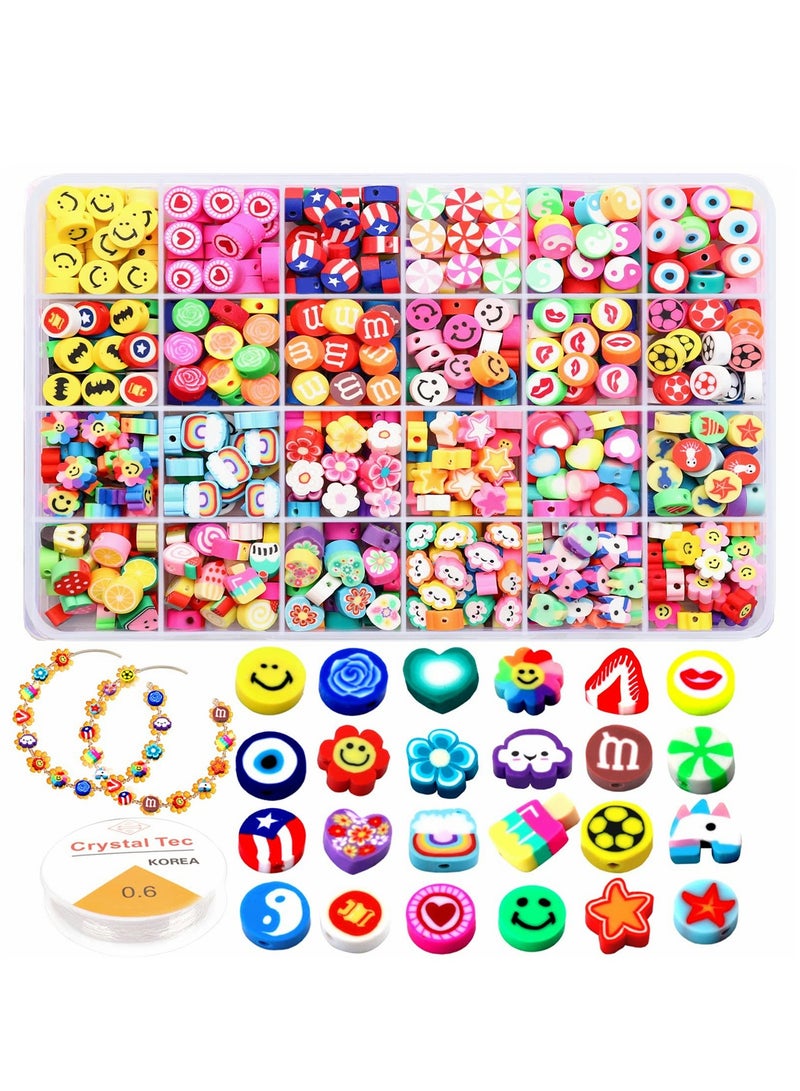 Excefore 360 Pieces Polymer Clay Beads for Jewelry Bracelet Making Kit 24 Styles Preppy Beads DIY Arts and Crafts Kit Include Flower Smiley Face Bead Charms  - Image 1