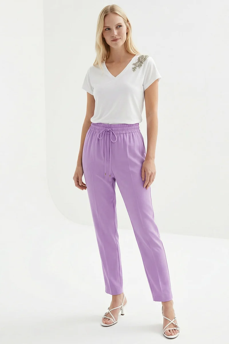 Exquise Regular Fit Lilac Trousers with Drawstring Waist and Pockets, Slim Fit