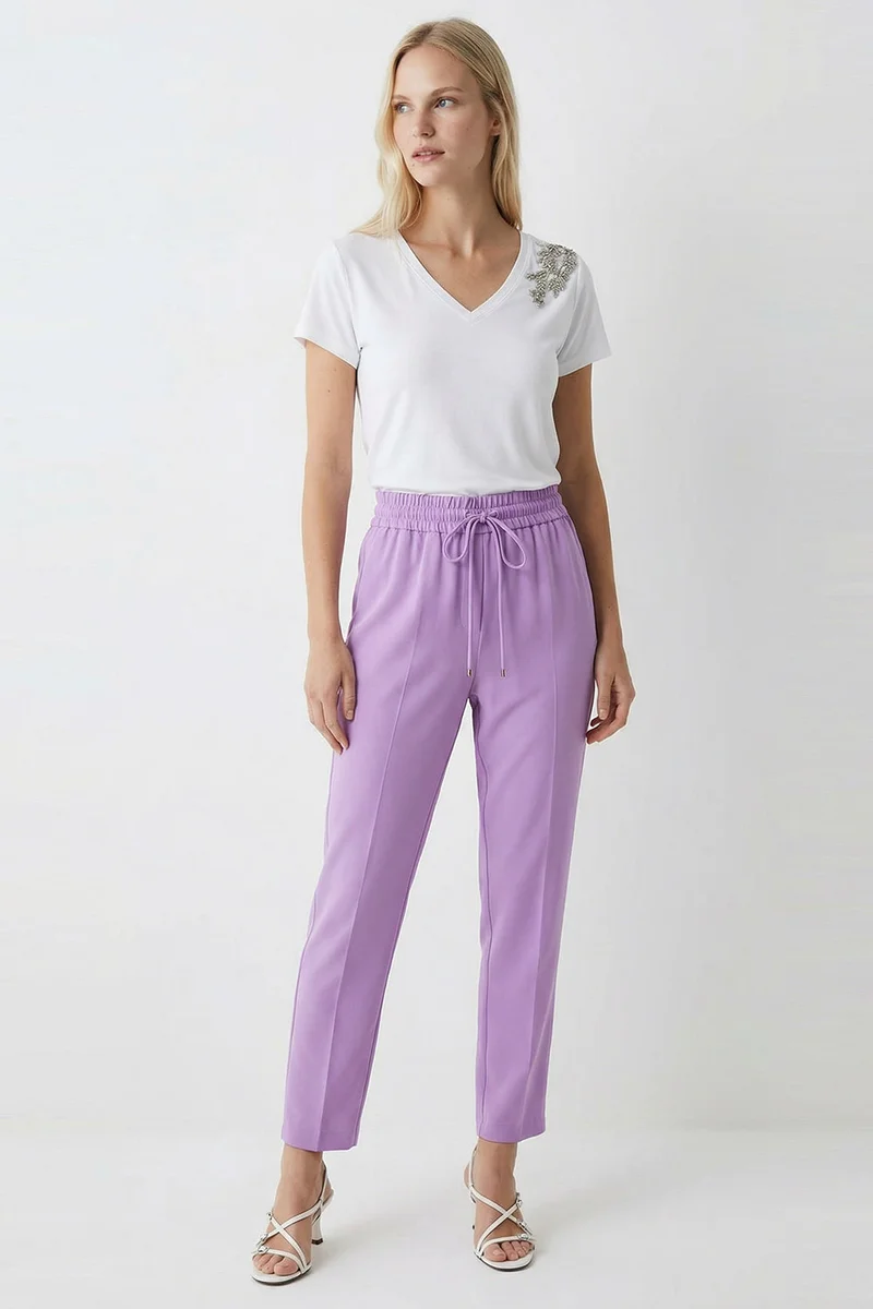 Exquise Regular Fit Lilac Trousers with Drawstring Waist and Pockets, Slim Fit
