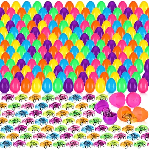 Liliful 300 Pcs Prefilled Easter Eggs with Mini Pull Back Cars Include 150 Mini Pull Back Car and 150 Colorful Egg Cars for Easter Basket Stuffers Goodie Bags Fillers - Image 1