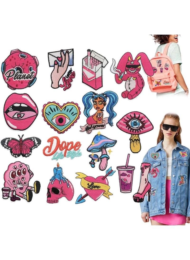 Excefore Embroidered Iron on Patches, 16Pcs Pink Iron on Patches Fashion Girl Graffiti Sew on Embroidered Applique Repair Patch for Clothing Backpacks Jeans Jackets Hats DIY Crafts Projects  - Image 1