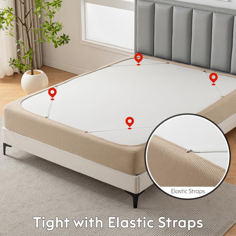 MIYE Jacquard Fabric Box Spring Cover,Super Stretchy Wrap Around 4 Sides Elastic Bed Skirt,Wrinkle & Fading Resistant,Washable & Easy Fit. (Cream, Queen) - Image 5