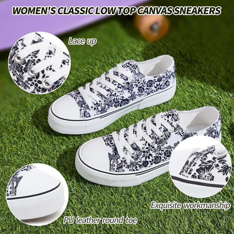Adokoo Canvas Tennis Shoes for Women Low Top Casual White Beige Flower Sneakers for Women Lace Up Fashion Comfortable Walking Shoes (Beige Flower,11) - Image 3