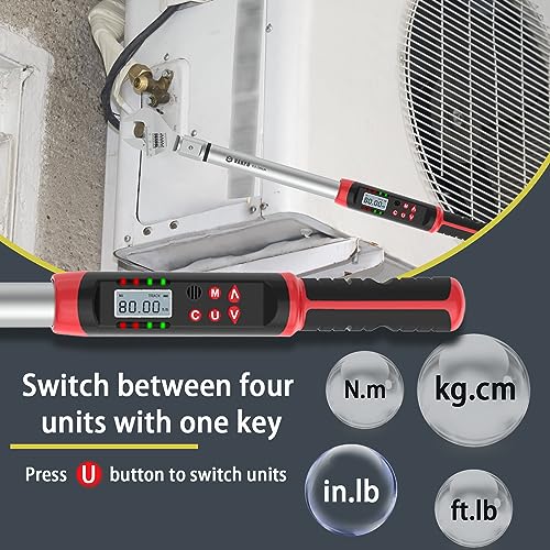VANPO Hvac Torque Wrench 5-99.6 ft.lb/6.8-135 N.m, 14×18 mm Open End, 38 mm Adjustable Jaw, Accuracy ±2%, LED and Buzzer Notification, Adjustable Torque Wrench for Mini Split AC, Pipeline - Image 4