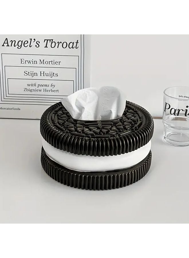 Black White Round Resin Tissue Box Holder Shiny Finish Home Decor Gift - Image 1