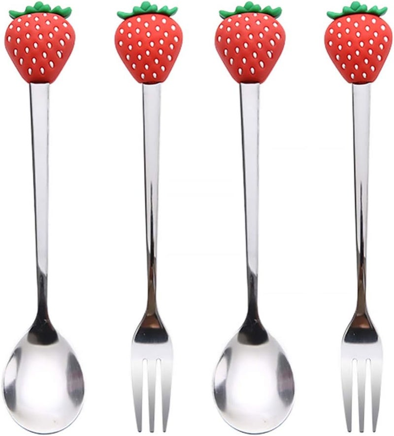 Hemoton 4PCS Creative Strawberry Shaped Fork and Spoon Set for Eating Desserts Fruits and MoreStainless Steel Dinner Forks and SpoonsStrawberry Tableware SetFruit Party Supplies - Image 1
