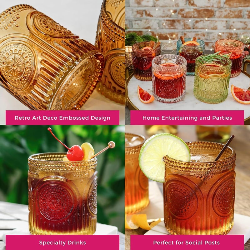 Kate Aspen Ribbed Retro Arch Floral Amber Drinking Glasses Set of 6 10 oz Vintage Glassware Set Cocktail Glass Set Juice Glass Water Cups  Great Hostess Gift  Gift for New Home Owners - Image 5