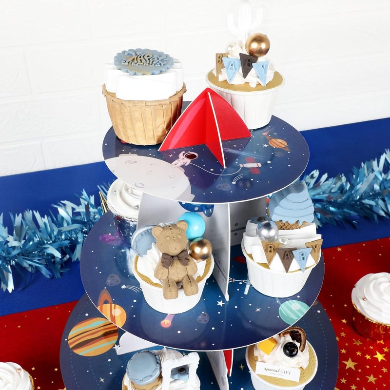 Pagather Space Cupcake Holder, Rocket Theme Birthday 3 Tier Cardboard Cupcake Stand, Galaxy Style Dessert Tower Display for Party Supplies Decoration - Image 5