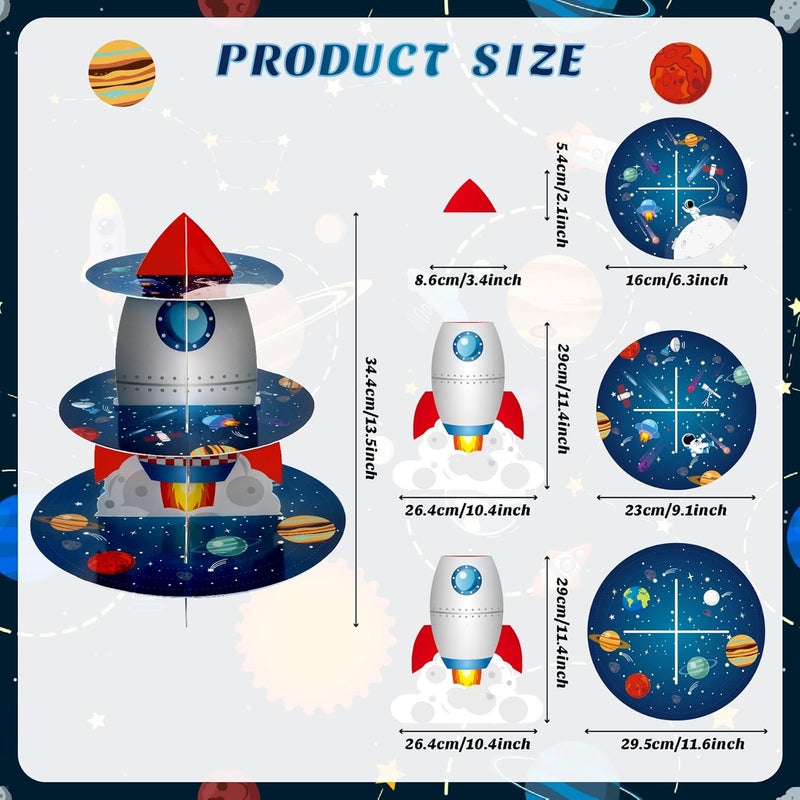 Pagather Space Cupcake Holder, Rocket Theme Birthday 3 Tier Cardboard Cupcake Stand, Galaxy Style Dessert Tower Display for Party Supplies Decoration - Image 2