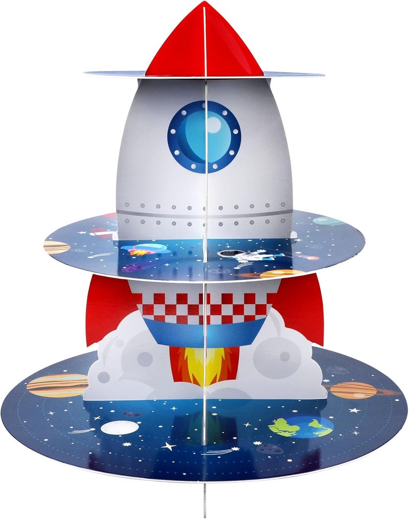 Pagather Space Cupcake Holder, Rocket Theme Birthday 3 Tier Cardboard Cupcake Stand, Galaxy Style Dessert Tower Display for Party Supplies Decoration - Image 1