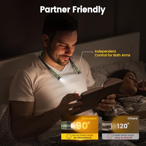 Glocusent Book Light, 3-Color & 6-Brightness Reading Light, Bendable Neck Light, 80-hr Lasting Rechargeable Lamp, Perfect Book Light for Reading in Bed, Knitting, Camping, Repairs(Green) - Image 5