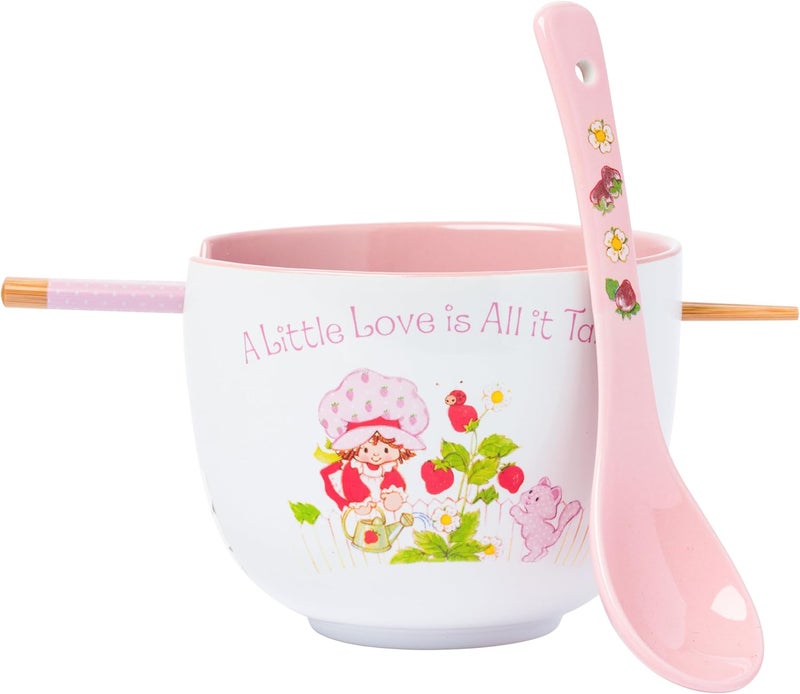 Silver Buffalo Strawberry Shortcake A Little Love is All It Takes Ceramic Ramen Noodle Rice Bowl with Chopsticks and Spoon Microwave Safe 20 Ounces - Image 1
