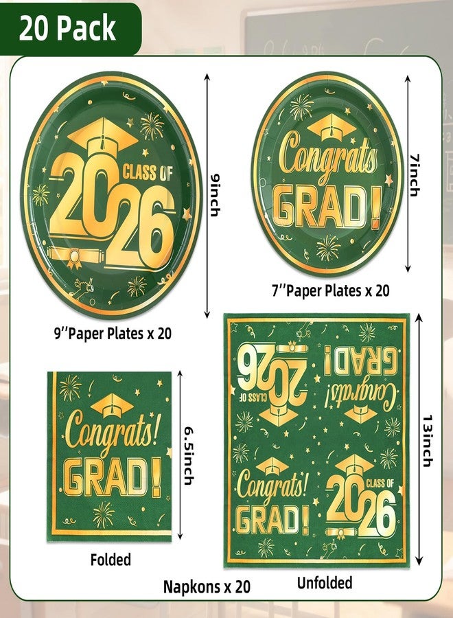 VEIZEDD 60Pcs Green Graduation Paper Plates and Napkins 2026 Green and Gold Grad Plates and Napkins Party Supplies Class of 2026 Tableware Serves 20 - Image 2