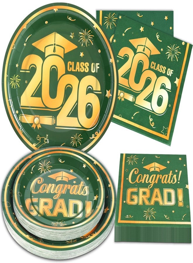 VEIZEDD 60Pcs Green Graduation Paper Plates and Napkins 2026 Green and Gold Grad Plates and Napkins Party Supplies Class of 2026 Tableware Serves 20 - Image 1