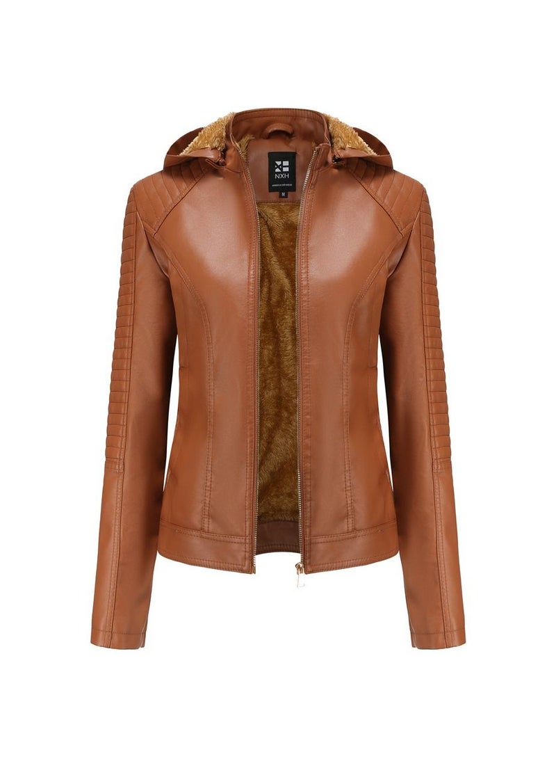 Loquat قبعة نسائية قابلة للفصل مع سترة جلدية دافئة من الفرو بلون الجمل - Image 1