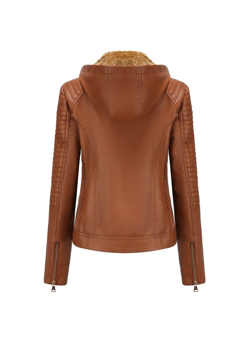 Loquat قبعة نسائية قابلة للفصل مع سترة جلدية دافئة من الفرو بلون الجمل - Image 2