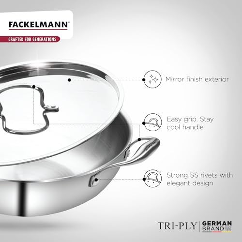 Fackelmann 4.5 Liter Kadai 28 CM, Triply | German Quality | Energy-Efficient | Non-Toxic | Versatile Cookware | Hassle-Free Maintenance | Triply Stainless Steel kadai | Kadai for Cooking - Image 2