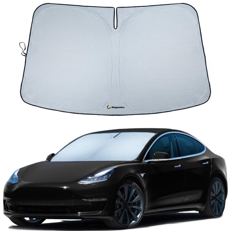 Magnelex Tesla Windshield Sun Shade Model 3Y Reflective Polyester Blocks Heat Sun Foldable Car Window Sun Blocker Mirror CutOut FadeResistant Sunshade Tesla 3 Accessories