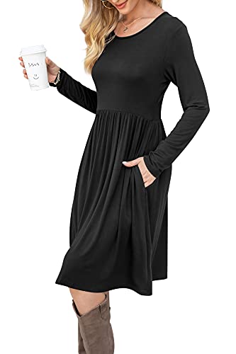 DB MOON Women Casual Long Sleeve Dresses Empire Waist Loose Dress with Pockets (Black, L) - Image 3