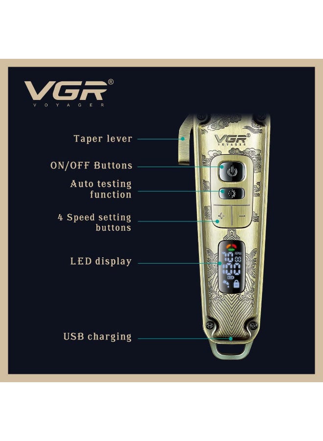 VGR Premium Metal Housing Hair Clipper LED Display, powder metallurgic Blade 5500-7000 RPM 4 Speed motor auto testing button USB charging 4 adjustable Taper Lever 8 Guide combs Runtime 250 min, V-005 - Image 2