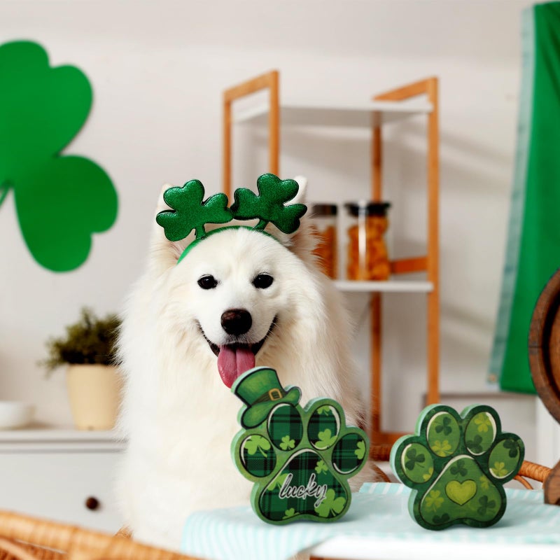 Memorywuu 2 Pcs St Patrick's Day Dog Paw Table Sign St. Patrick's Day Wooden Table Decorations Green Shamrocks Decorations Lucky Dog Paw Shaped Irish Tiered Tray Centerpieces Decor - Image 3