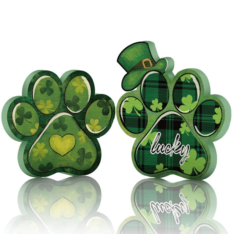 Memorywuu 2 Pcs St Patrick's Day Dog Paw Table Sign St. Patrick's Day Wooden Table Decorations Green Shamrocks Decorations Lucky Dog Paw Shaped Irish Tiered Tray Centerpieces Decor - Image 1