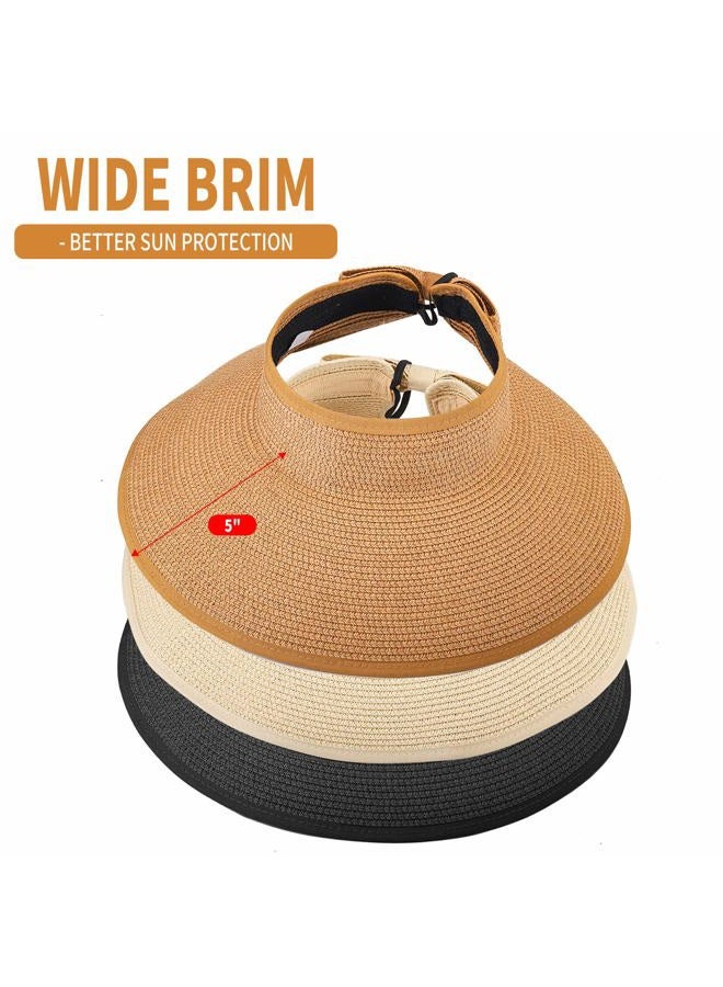 MEINICY 3PCS Foldable Straw Sun Visor Hats for Women, Wide Brim Ponytail Summer Beach Hat, Protect Your Skin Easily (Nature+Black+Beige 3PCS)… - Image 4