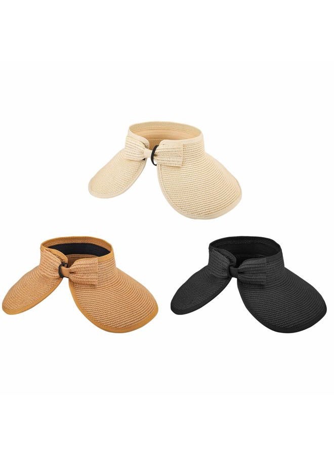 MEINICY 3PCS Foldable Straw Sun Visor Hats for Women, Wide Brim Ponytail Summer Beach Hat, Protect Your Skin Easily (Nature+Black+Beige 3PCS)… - Image 3
