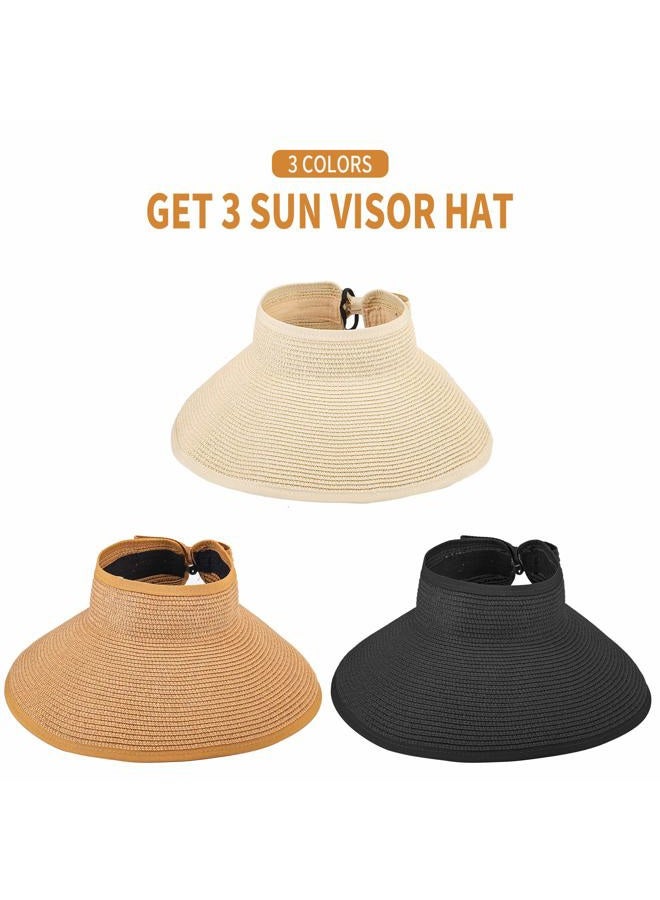 MEINICY 3PCS Foldable Straw Sun Visor Hats for Women, Wide Brim Ponytail Summer Beach Hat, Protect Your Skin Easily (Nature+Black+Beige 3PCS)… - Image 2