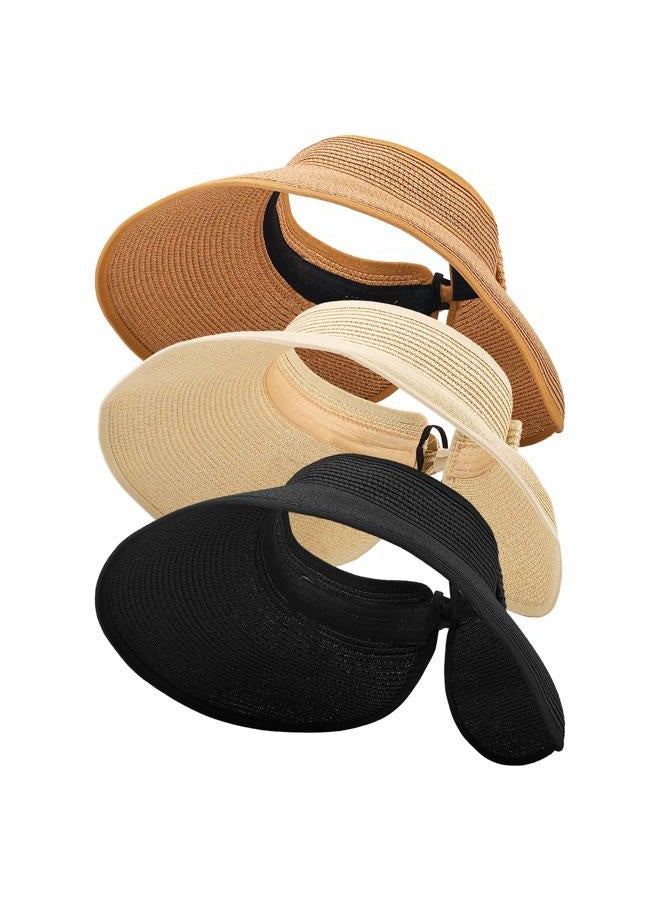 MEINICY 3PCS Foldable Straw Sun Visor Hats for Women, Wide Brim Ponytail Summer Beach Hat, Protect Your Skin Easily (Nature+Black+Beige 3PCS)… - Image 1