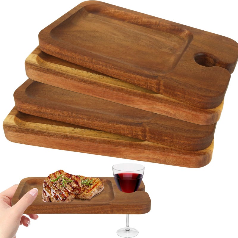 Set of 4 Wine Appetizer Serving Board Acacia Wooden Cocktail Serving Tray with Wine Glass Holder Mini Charcuterie Cheese Serving Picnic Plate Boards Sets for Parties Christmas Boards Cocktail Plate