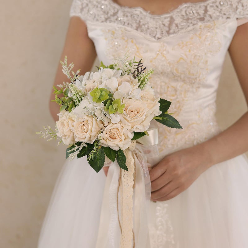 GLIDLION Wedding Bouquets Large for Bride Bridesmaid,White Champagne Artificial Roses Flowers for Wedding Church Decoration (9.5in) - Image 4
