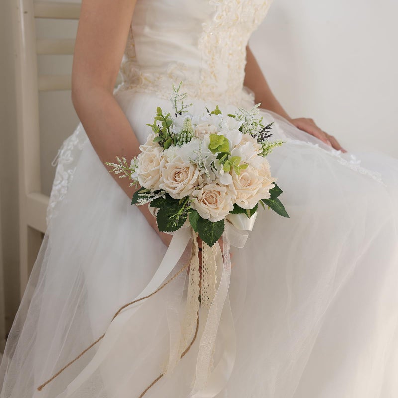 GLIDLION Wedding Bouquets Large for Bride Bridesmaid,White Champagne Artificial Roses Flowers for Wedding Church Decoration (9.5in) - Image 3
