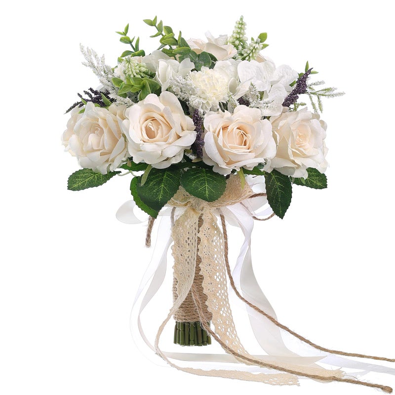 GLIDLION Wedding Bouquets Large for Bride Bridesmaid,White Champagne Artificial Roses Flowers for Wedding Church Decoration (9.5in) - Image 1