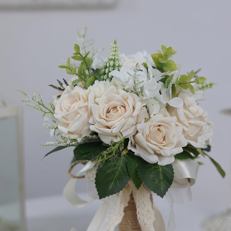 GLIDLION Wedding Bouquets Large for Bride Bridesmaid,White Champagne Artificial Roses Flowers for Wedding Church Decoration (9.5in) - Image 5