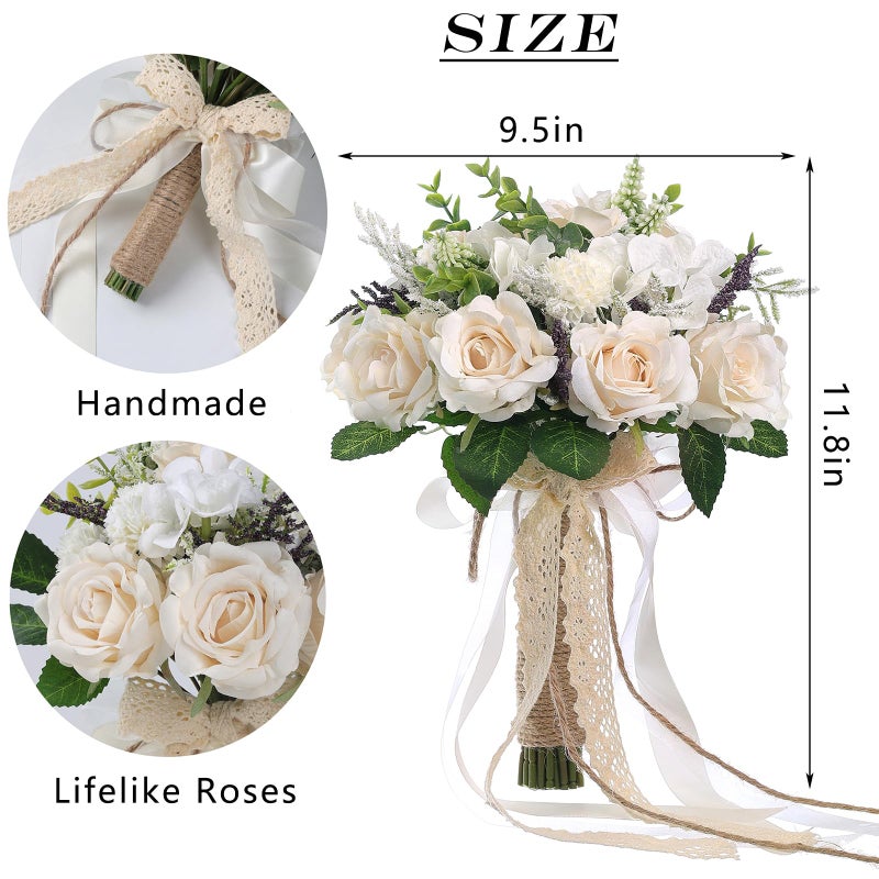 GLIDLION Wedding Bouquets Large for Bride Bridesmaid,White Champagne Artificial Roses Flowers for Wedding Church Decoration (9.5in) - Image 2