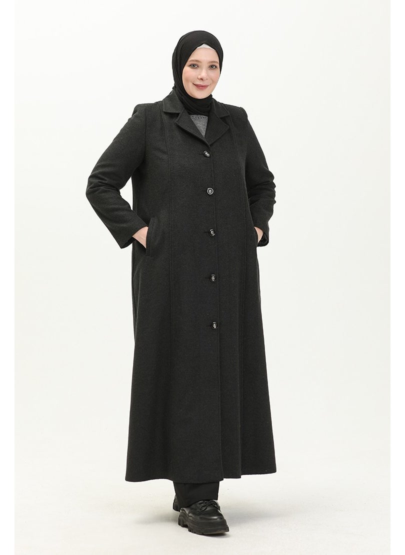 Sefa Merve - Plus Size Buttoned Cashmere Coat 0176-04 Smoke - Image 1